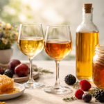 Honey Wine and Mead served in clear glasses with honey, fruit, and rustic tasting elements