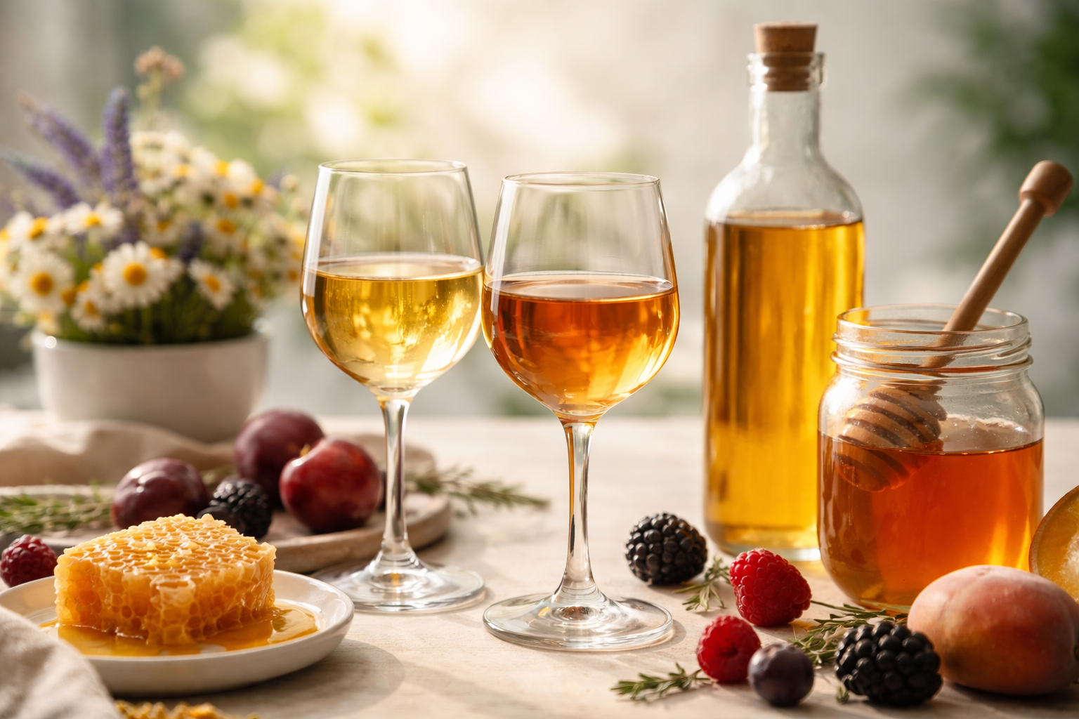 Honey Wine and Mead served in clear glasses with honey, fruit, and rustic tasting elements