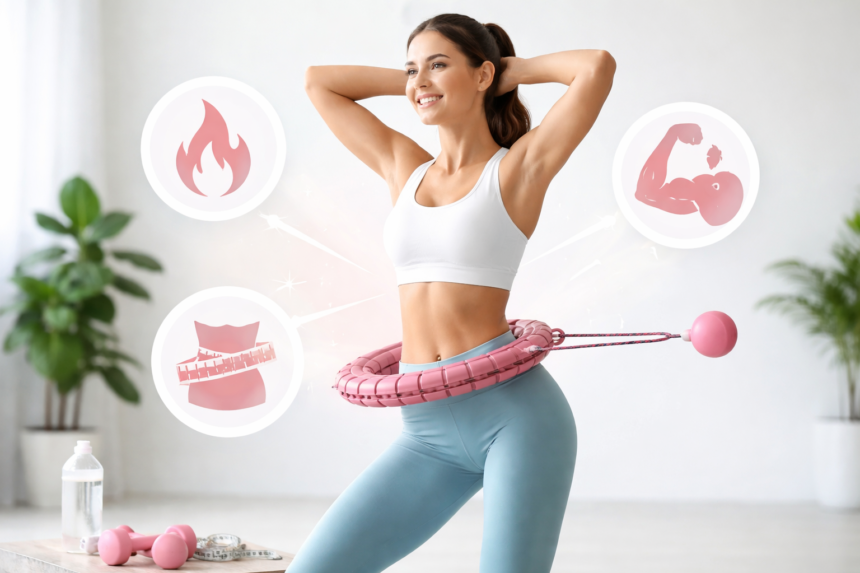 Woman doing a Hula Rope workout at home for weight loss and full-body fitness