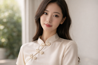 Kancing Shanghai closure detail on a modern fashion outfit with classic Chinese-inspired styling