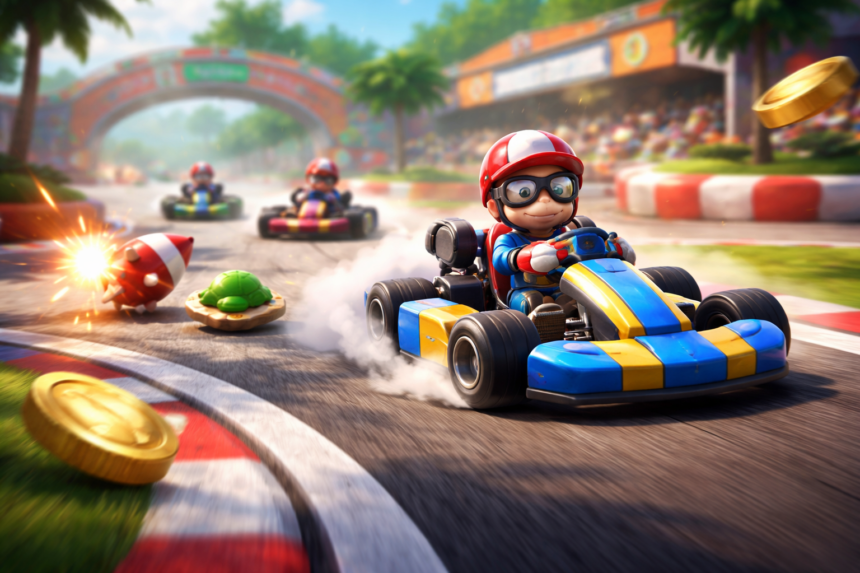 Kart Bros gameplay showing colorful competitive kart racing with drifting, power ups, and fast paced browser action