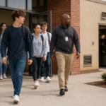 Liberty High School Gas Evacuation safety response with students and staff leaving the school building calmly
