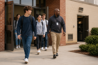 Liberty High School Gas Evacuation safety response with students and staff leaving the school building calmly