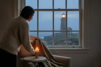 Lighthouse Warmer styled in a cozy coastal living room with soft lighting and neutral decor