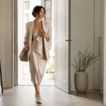 Woman wearing a lingerie dress styled with a blazer and flats for a chic everyday look