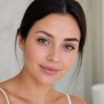 Mikrobleidingas close-up of a woman with freshly shaped natural-looking eyebrows in a bright beauty studio