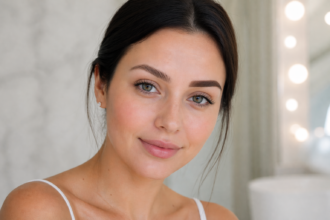 Mikrobleidingas close-up of a woman with freshly shaped natural-looking eyebrows in a bright beauty studio