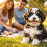 Mini Bernedoodle standing outdoors with a fluffy wavy coat and friendly expression