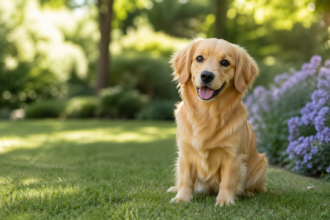 Mini Golden Retriever standing outdoors with a friendly expression, showing its compact size, soft golden coat, and family companion appeal
