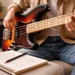 A close-up of a bassist's hand playing melodic notes on a fretboard representing the most beautiful bass scales.