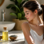 Oleo de Ricino bottle with hair care and skin wellness setup in natural light