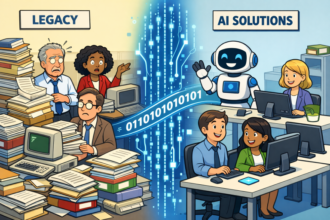 Illustration contrasting cluttered legacy systems with calm, efficient AI solutions. On the left, stressed workers and paper piles; on the right, a robot and smiling staff.