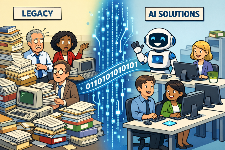 Illustration contrasting cluttered legacy systems with calm, efficient AI solutions. On the left, stressed workers and paper piles; on the right, a robot and smiling staff.