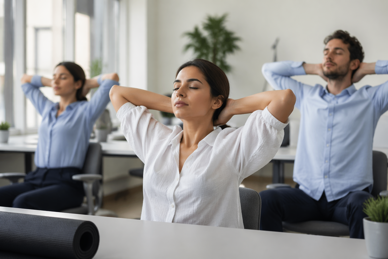 Práctica de Yoga Estilismo Laboral session with an office professional doing gentle desk yoga for posture, focus, and daily energy