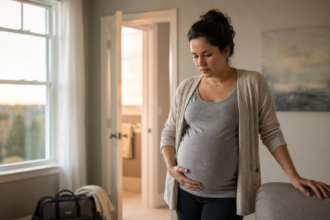 Pregnant woman resting calmly at home while experiencing Prodromal Labor contractions and preparing for childbirth