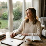 A modern woman reflecting on balance and strength as a Proverbs 31 Woman in a peaceful setting.