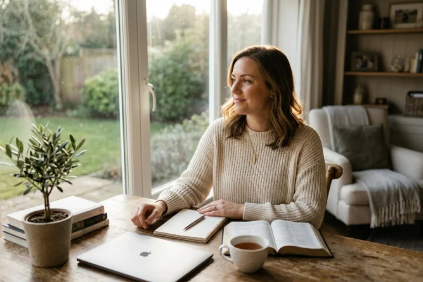 A modern woman reflecting on balance and strength as a Proverbs 31 Woman in a peaceful setting.