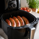 Sausages in Air Fryer cooked until golden brown and served hot on a plate