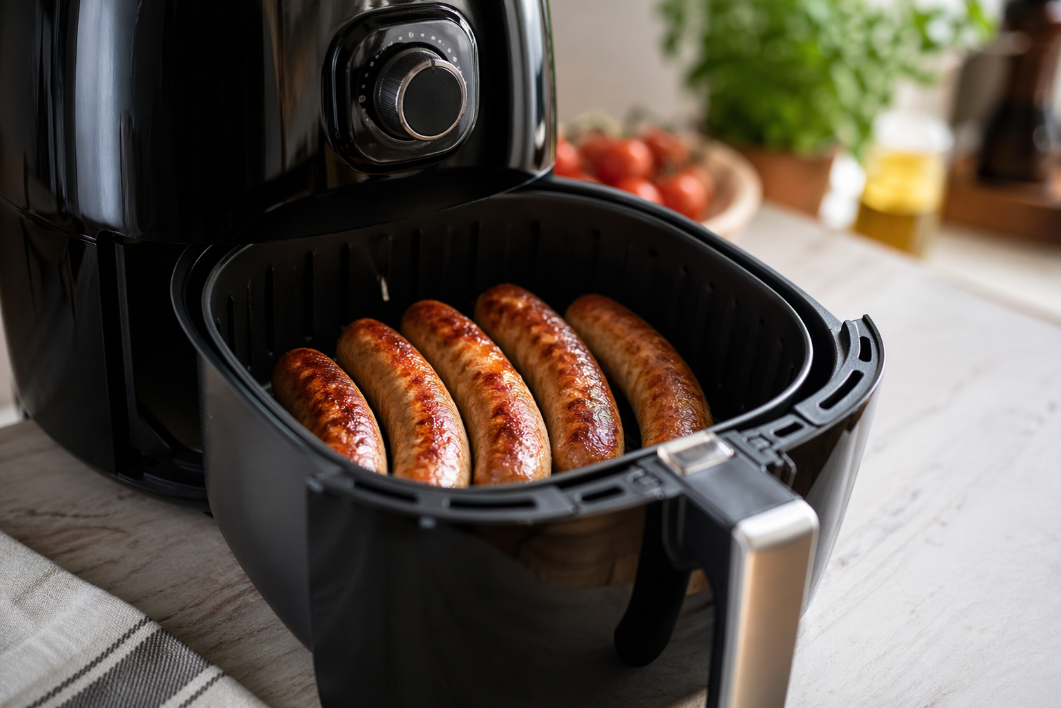 Sausages in Air Fryer cooked until golden brown and served hot on a plate