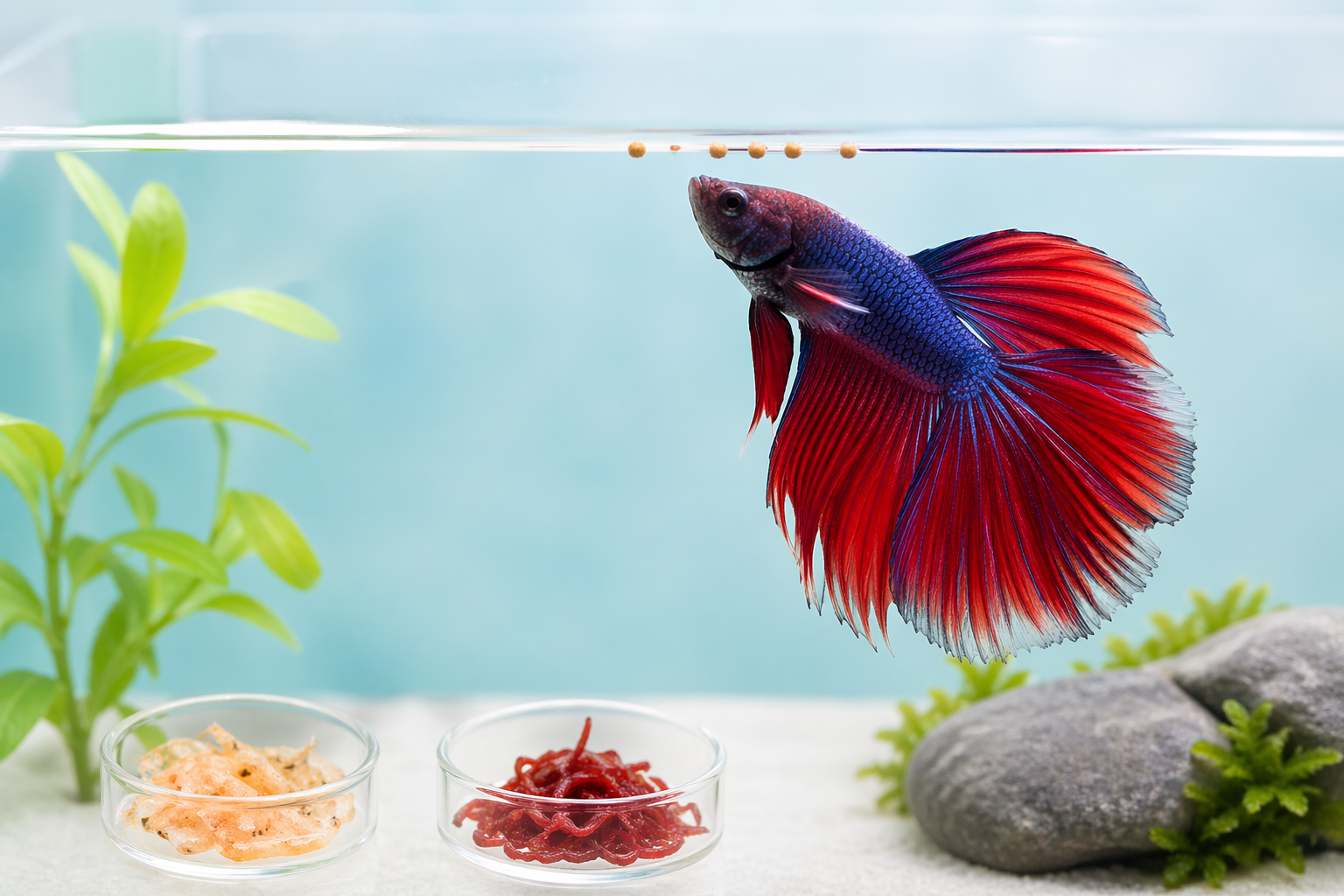 Siamese Fish Food pellets and protein-rich treats for a healthy betta fish diet