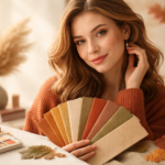 Soft Autumn Color Palette outfit featuring warm muted shades like sage, camel, taupe, dusty peach, and soft teal