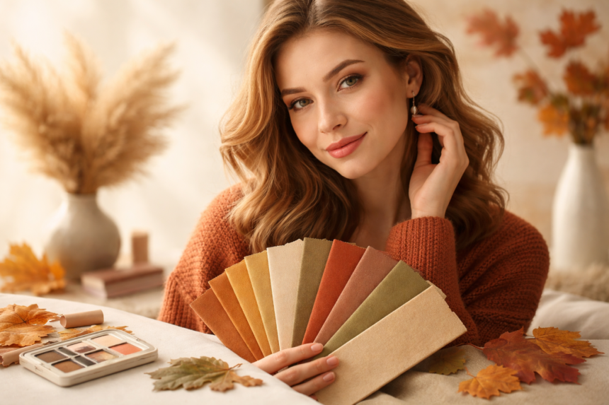 Soft Autumn Color Palette outfit featuring warm muted shades like sage, camel, taupe, dusty peach, and soft teal