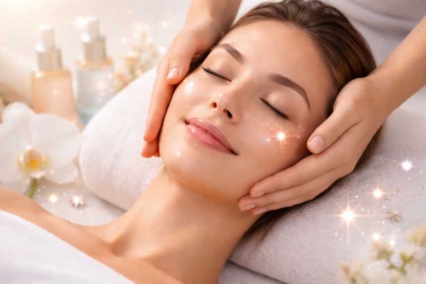 Woman receiving a Star Facial treatment for glowing, hydrated skin in a modern skincare salon