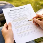 Student Handout 1.2 Guiding Questions for Historical Case Studies Answers worksheet and history notes on desk