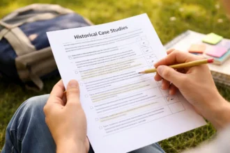 Student Handout 1.2 Guiding Questions for Historical Case Studies Answers worksheet and history notes on desk