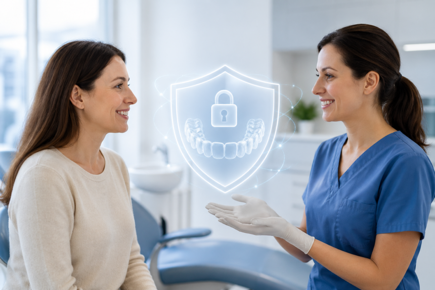 Patient and dental professional securely accessing SureSmile Login portal for clear aligner treatment information