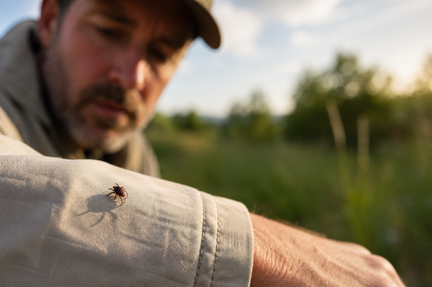 Symbolism of Ticks shown through a tiny tick on grass representing hidden warnings, energy drain, boundaries, and spiritual meaning