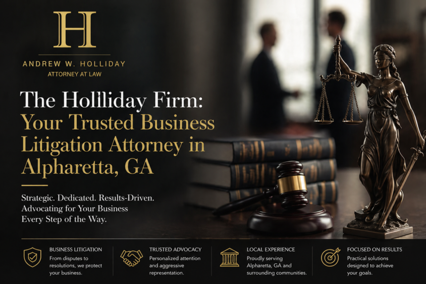 Realistic professional law firm banner featuring The Holliday Firm logo, a business litigation attorney theme, Lady Justice statue, gavel, law books, and trusted legal advocacy text for Alpharetta, GA.
