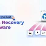 Data recovery concept with a recycle bin icon and arrows pointing to image, video, document, and email icons. Text reads 'Choose the Best Data Recovery Software' in bold colors.