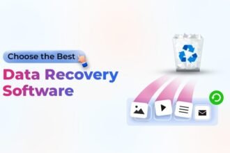 Data recovery concept with a recycle bin icon and arrows pointing to image, video, document, and email icons. Text reads 'Choose the Best Data Recovery Software' in bold colors.