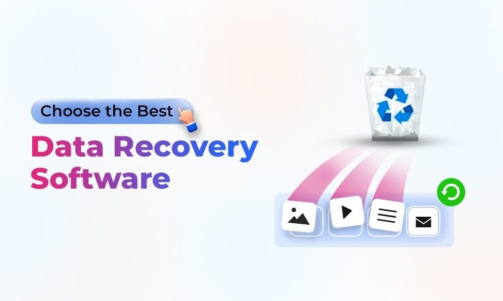 Data recovery concept with a recycle bin icon and arrows pointing to image, video, document, and email icons. Text reads 'Choose the Best Data Recovery Software' in bold colors.