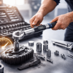 Torque Wrench being used by a DIY mechanic to tighten a wheel lug nut accurately in a home garage