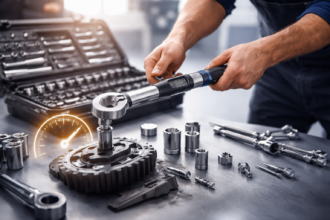Torque Wrench being used by a DIY mechanic to tighten a wheel lug nut accurately in a home garage