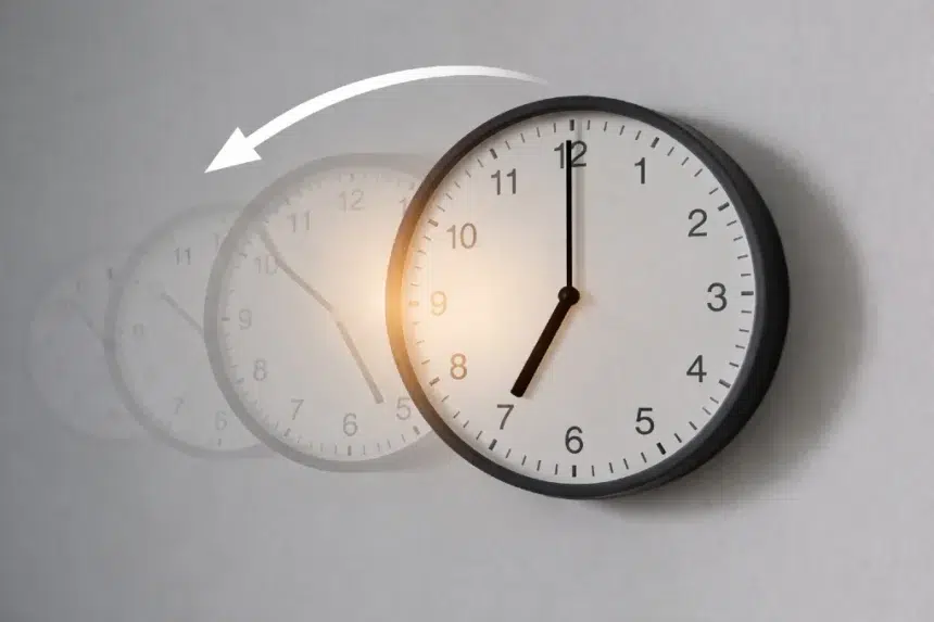 A close-up of a modern digital clock showing the transition from AM to PM for time subtraction.