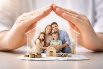 Family trust document with house keys, legal papers, and financial planning materials on a desk