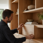 Wolf Woodworking custom shelving and furniture in a warm modern home interior