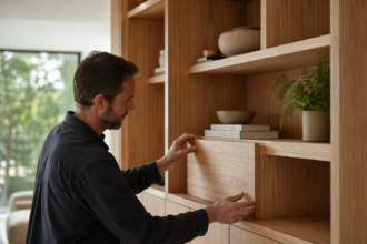 Wolf Woodworking custom shelving and furniture in a warm modern home interior