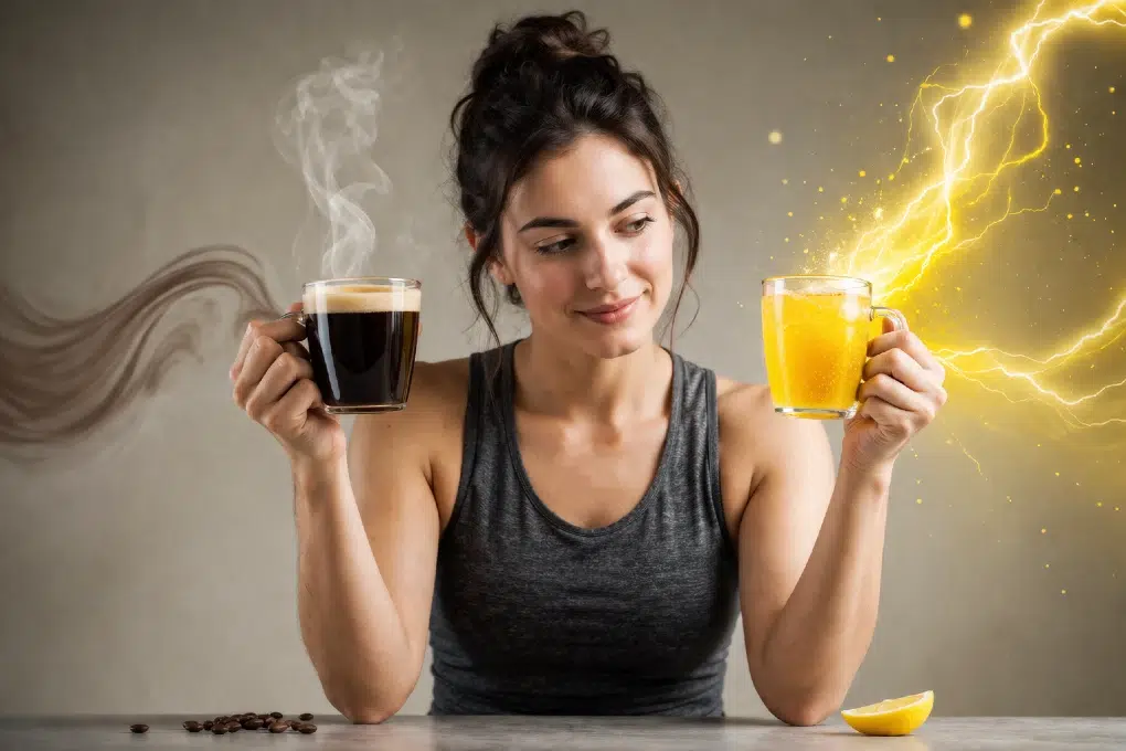 X-Brew vs coffee comparison showing energy boost, focus, caffeine effect, and side effects
