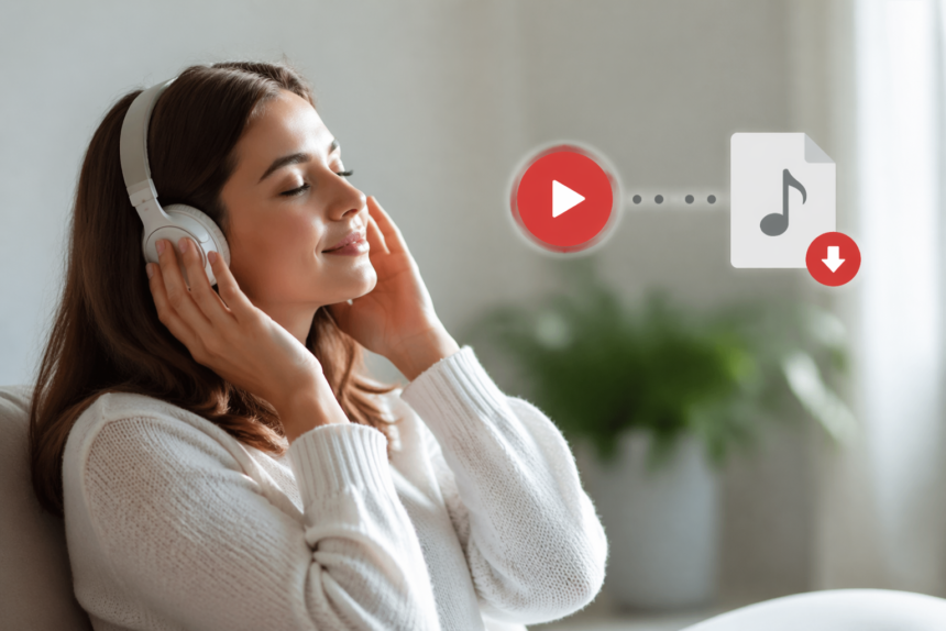 YouTube Convert to MP3 concept showing safe offline audio listening on mobile headphones