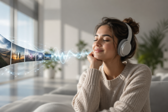 YouTube MP3 audio conversion concept showing a person listening to online video content as audio