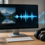 YouTube to MP3 320 audio conversion on a desktop setup with headphones and waveform editing screen