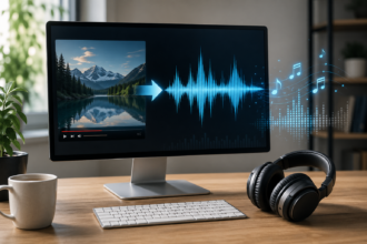 YouTube to MP3 320 audio conversion on a desktop setup with headphones and waveform editing screen