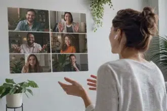 A group of remote developers using the Zoomdev.us platform to collaborate on a software project through cloud-based environments.