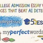Illustration promoting college admission essay writing services that claim to beat AI detectors, featuring CollegeEssay, 5StarEssays, and MyPerfectWords logos with colorful school-themed doodles.