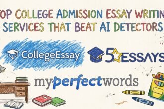 Illustration promoting college admission essay writing services that claim to beat AI detectors, featuring CollegeEssay, 5StarEssays, and MyPerfectWords logos with colorful school-themed doodles.