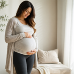 Expecting mom wearing comfortable maternity leggings with a soft long top and cardigan in a calm lifestyle setting